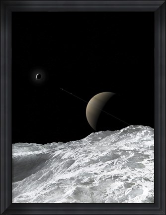 Framed Saturn and Enceladus as seen from the moon Tethys Print