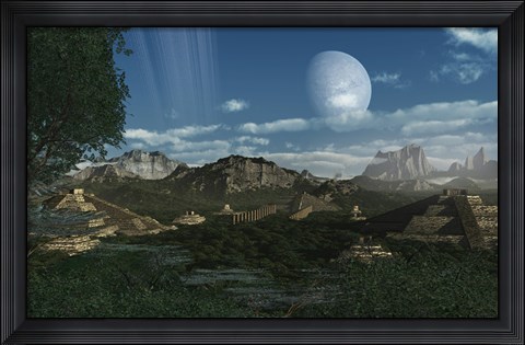 Framed Artist&#39;s concept of Mayan like ruins on a ringed planet Print