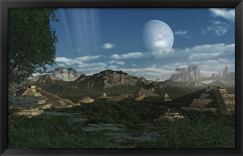 Framed Artist&#39;s concept of Mayan like ruins on a ringed planet Print