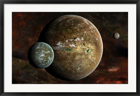 Framed system of extraterrestrial planets and their moons Print