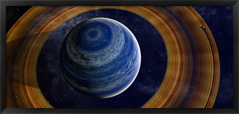 Framed ringed blue gas giant with shepherd moon in the rings Print