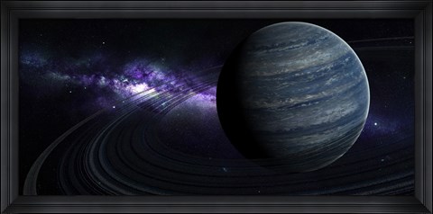 Framed Artist&#39;s concept of a blue ringed gas giant in front of a galaxy Print