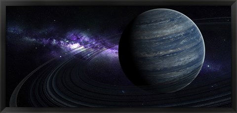 Framed Artist&#39;s concept of a blue ringed gas giant in front of a galaxy Print