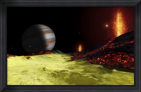 Framed Volcanic activity on Jupiter&#39;s moon Io, with the planet Jupiter visible on the horizon Print