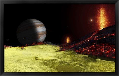 Framed Volcanic activity on Jupiter&#39;s moon Io, with the planet Jupiter visible on the horizon Print