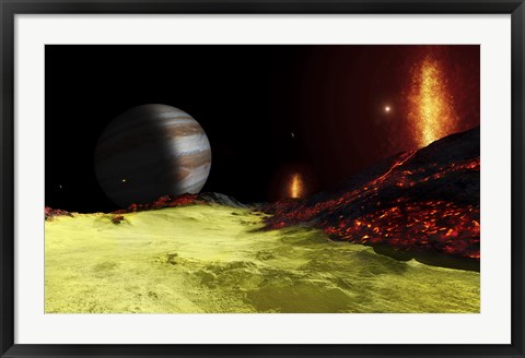 Framed Volcanic activity on Jupiter&#39;s moon Io, with the planet Jupiter visible on the horizon Print