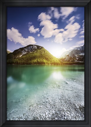 Framed Sunset at Lake Braies and Dolomite Alps, Northern Italy Print