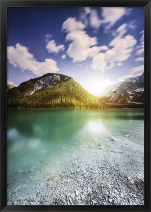 Framed Sunset at Lake Braies and Dolomite Alps, Northern Italy Print