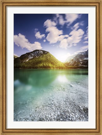 Framed Sunset at Lake Braies and Dolomite Alps, Northern Italy Print