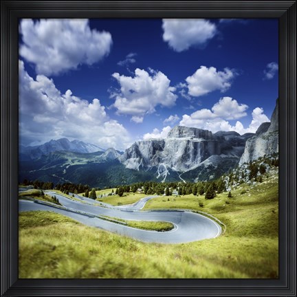 Framed Winding road in a forest of Dolomite Alps, Northern Italy Print