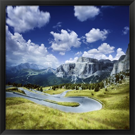 Framed Winding road in a forest of Dolomite Alps, Northern Italy Print