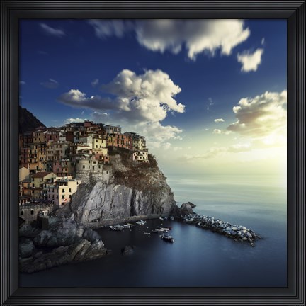 Framed View of Manarola on the rocks at sunset, La Spezia, Liguria, Northern Italy Print
