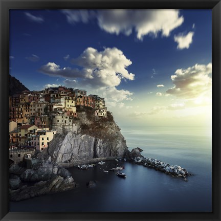 Framed View of Manarola on the rocks at sunset, La Spezia, Liguria, Northern Italy Print