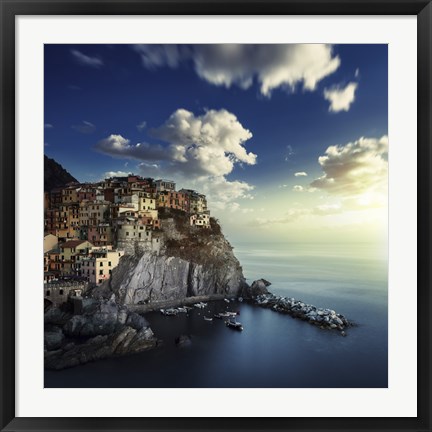 Framed View of Manarola on the rocks at sunset, La Spezia, Liguria, Northern Italy Print