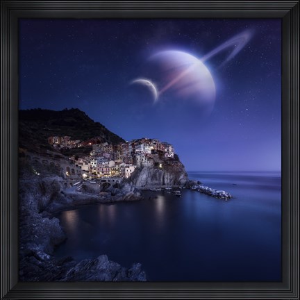 Framed View of Manarola on a starry night with planets, Northern Italy Print