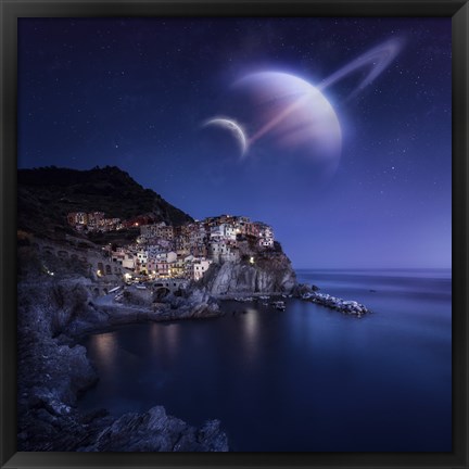 Framed View of Manarola on a starry night with planets, Northern Italy Print