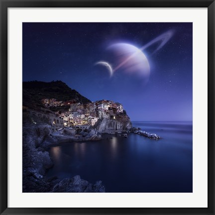 Framed View of Manarola on a starry night with planets, Northern Italy Print