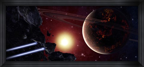 Framed stealth fighter en route to Hades, a ringed planet Print