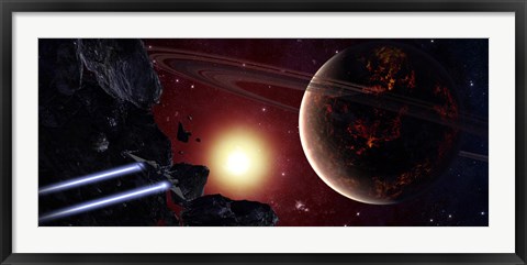 Framed stealth fighter en route to Hades, a ringed planet Print