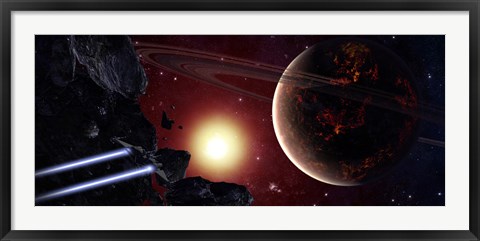 Framed stealth fighter en route to Hades, a ringed planet Print