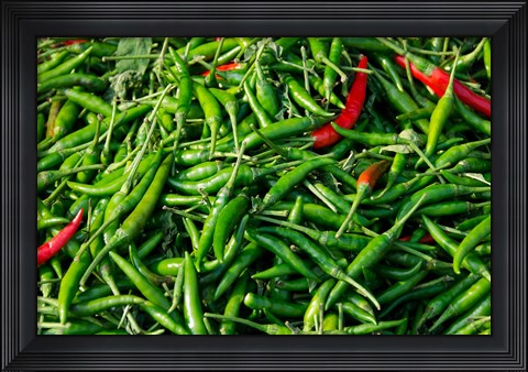 Framed Maeklong railroad tracks market, Thai peppers, Bangkok, Thailand Print