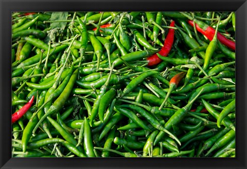 Framed Maeklong railroad tracks market, Thai peppers, Bangkok, Thailand Print