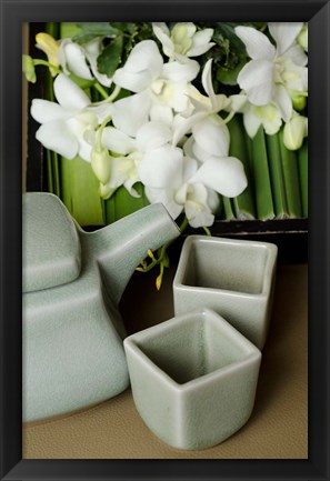 Framed Traditional Thai tea pot and cups with orchid arrangement, Bangkok, Thailand Print