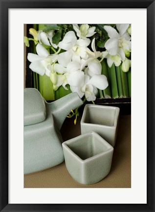 Framed Traditional Thai tea pot and cups with orchid arrangement, Bangkok, Thailand Print