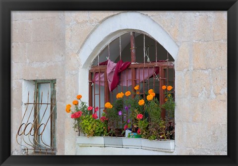 Framed Windows and Flowers in Village, Cappadoccia, Turkey Print