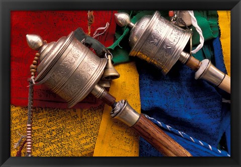 Framed Prayer Wheels and Flags, Lhasa, Tibet Print