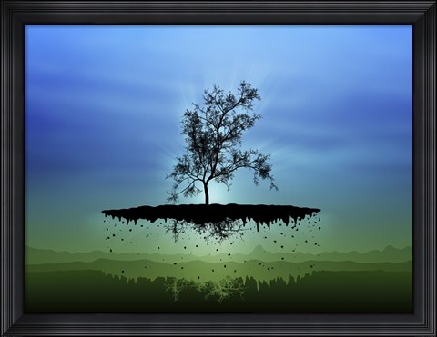 Framed Flying Tree ( digitally generated - blue) Print