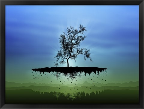 Framed Flying Tree ( digitally generated - blue) Print