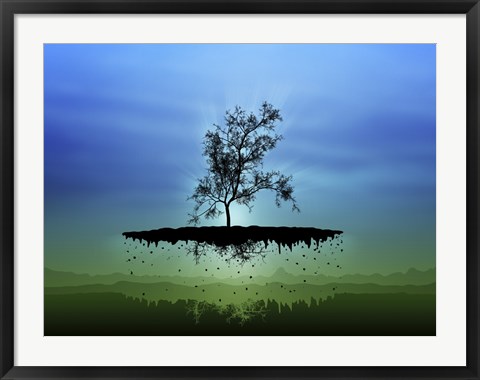 Framed Flying Tree ( digitally generated - blue) Print