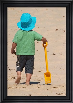 Framed Little Boy and Spade on Beach, Gold Coast, Queensland, Australia Print