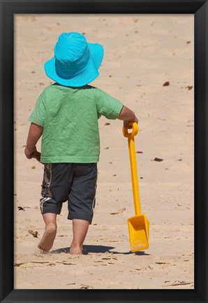 Framed Little Boy and Spade on Beach, Gold Coast, Queensland, Australia Print