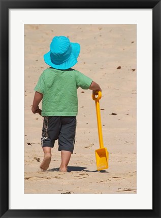 Framed Little Boy and Spade on Beach, Gold Coast, Queensland, Australia Print