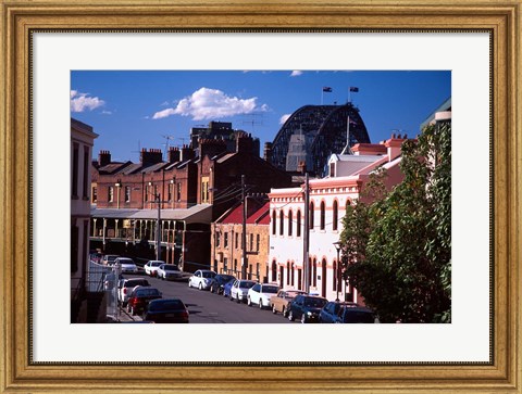 Framed Historic Buildings and Sydney Harbor Bridge, The Rocks, Sydney, Australia Print