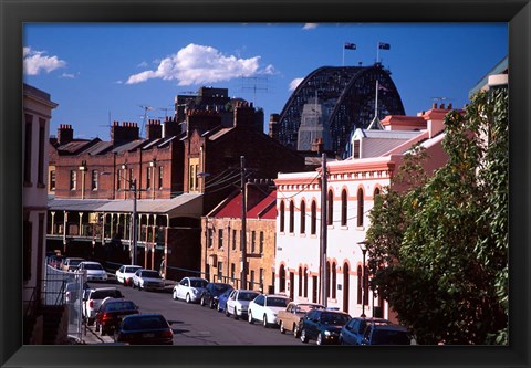 Framed Historic Buildings and Sydney Harbor Bridge, The Rocks, Sydney, Australia Print