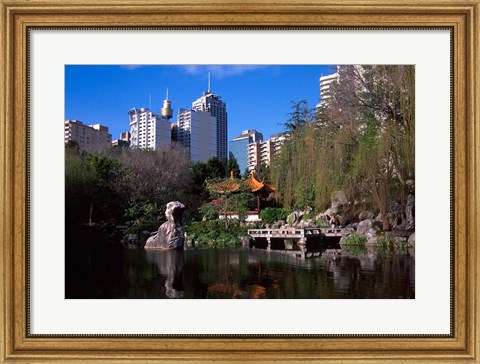 Framed Chinese Garden, Darling Harbor, Sydney, Australia Print