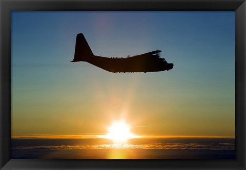 Framed Silhouette of a MC-130H Combat Talon at Sunset, East Anglia, UK Print