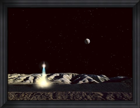 Framed Moonship Lifts Off from the Lunar Hills Print