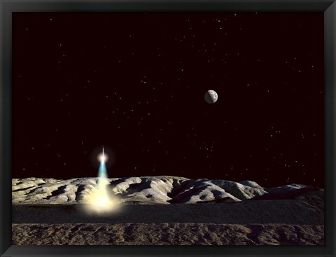 Framed Moonship Lifts Off from the Lunar Hills Print