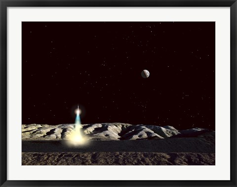 Framed Moonship Lifts Off from the Lunar Hills Print