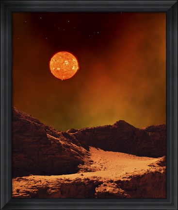 Framed Rugged Planet Landscape Dimly Lit by a Distant Red Star Print