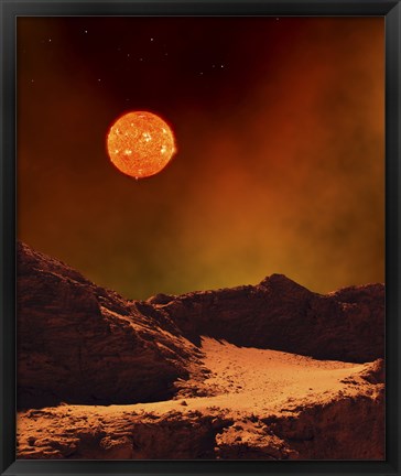 Framed Rugged Planet Landscape Dimly Lit by a Distant Red Star Print