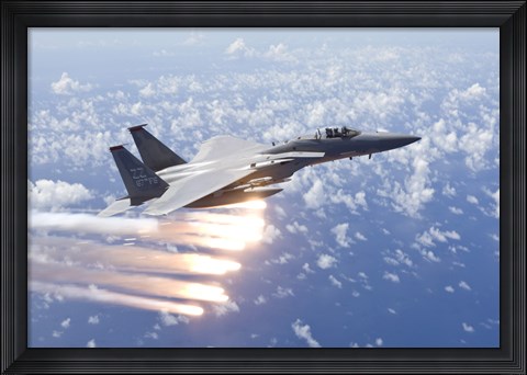 Framed F-15 Eagle Releases Flares over the Pacific Ocean Print