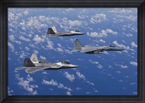 Framed F-15 Eagle and Two F-22 Raptors over Japan Print