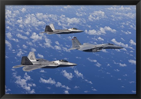 Framed F-15 Eagle and Two F-22 Raptors over Japan Print