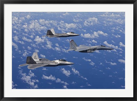 Framed F-15 Eagle and Two F-22 Raptors over Japan Print