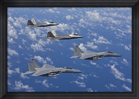 Framed F-15 Eagles and F-22 Raptors Fly in Formation Print